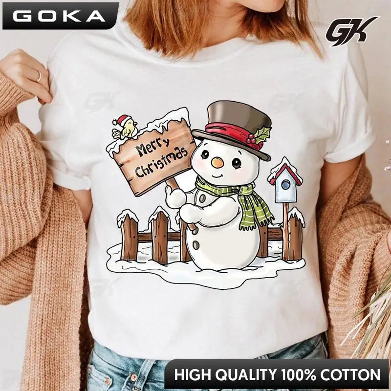 Maycaur Cute Snowman Merry Christmas Women T-shirt Cartoon Graphic Printed Black Tshirts 90s Fashion Girls Christmas Gifts Shirt