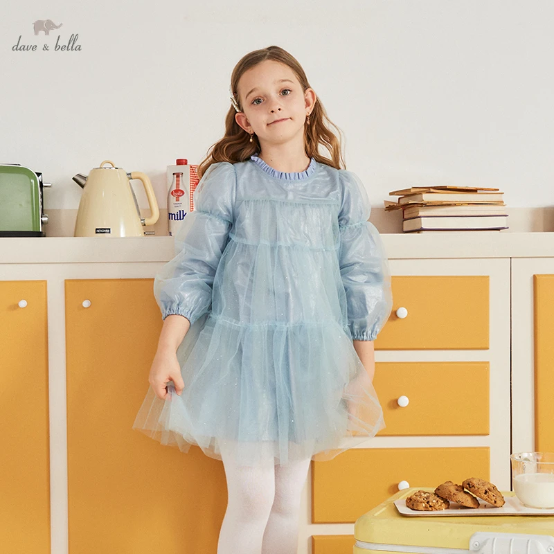 DK1231909 Dave Bella Spring Girl's Fashion Soild  Mesh Draped Dress Children Sweet Dress Kids Infant Lolita Clothes