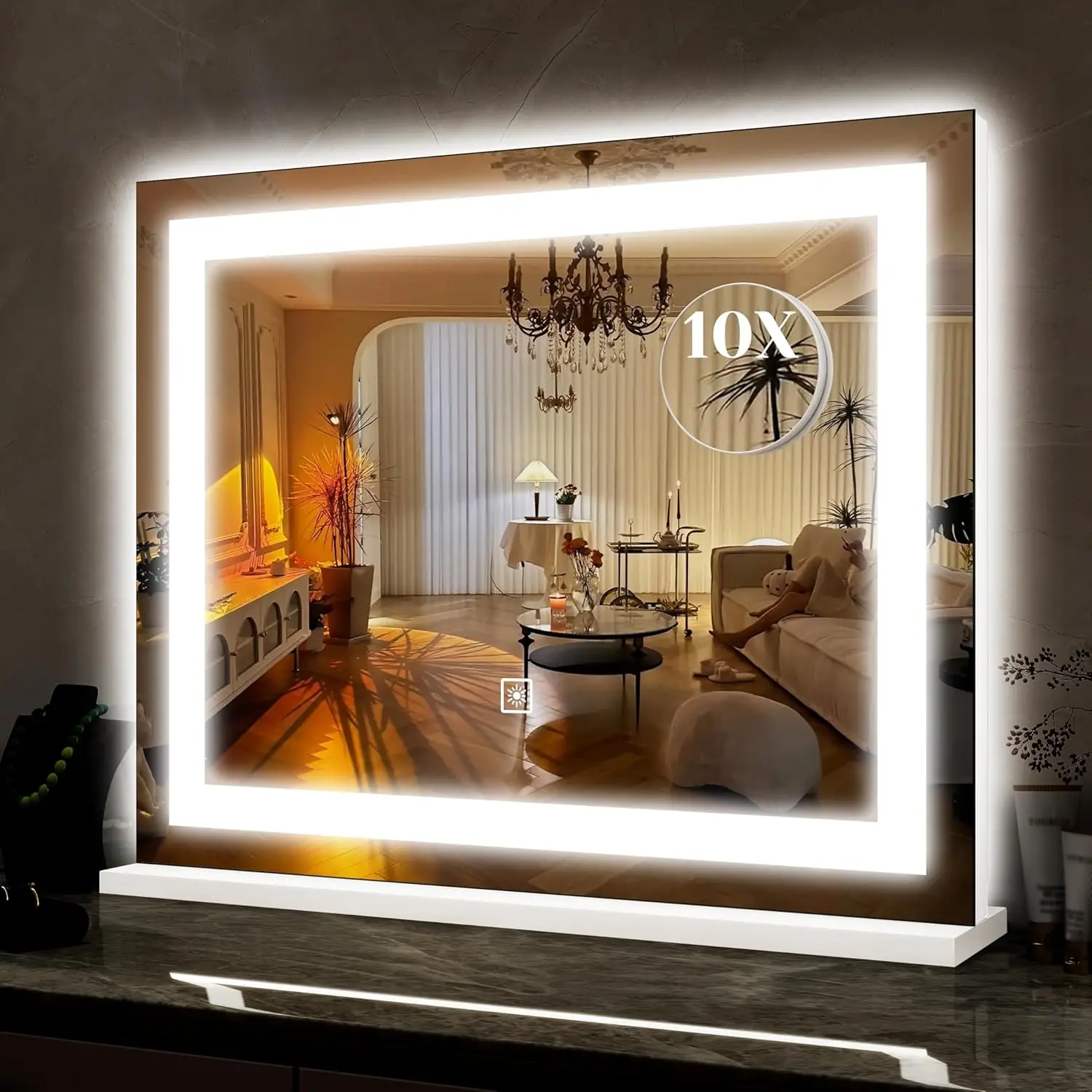 

Светодиодное зеркало для макияжа 22x19 дюймов с 3 режимами цвета, сенсорным управлением и регулировкой яркости, настенное и настольное крепление, съемная лупа с 10-кратным увеличением