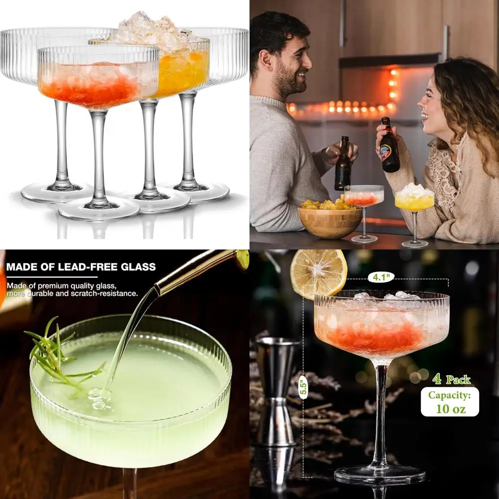 

4 Pcs Ribbed Coupe Glasses, 10 oz Vintage Coupe Glass Set, Unique Martini Glass, Classic Cocktail Galssware, Bar Drinking Glasse