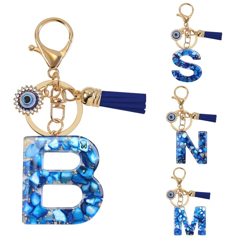 Blue Resin Initial Keychain Evil Eye Letter Charm Rhinestone Tassel Personalized Jewelry Gift for Women Stylish Present