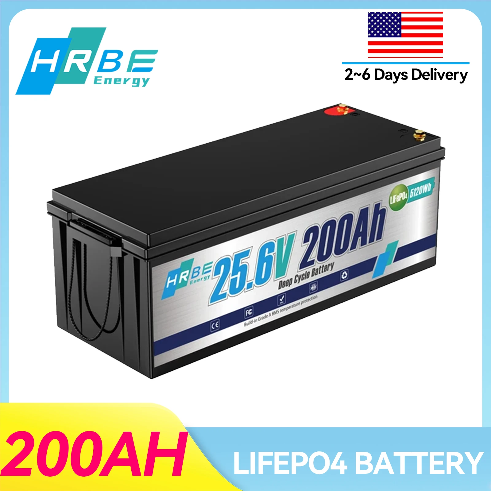 بطارية HRBEEnergy 24 فولت 200 أمبير ليثيوم LiFePO4، BMS مدمج، 8000+ دورات عميقة، لاستراحة نظام الطاقة الشمسية، وتخزين الطاقة المنزلية #1