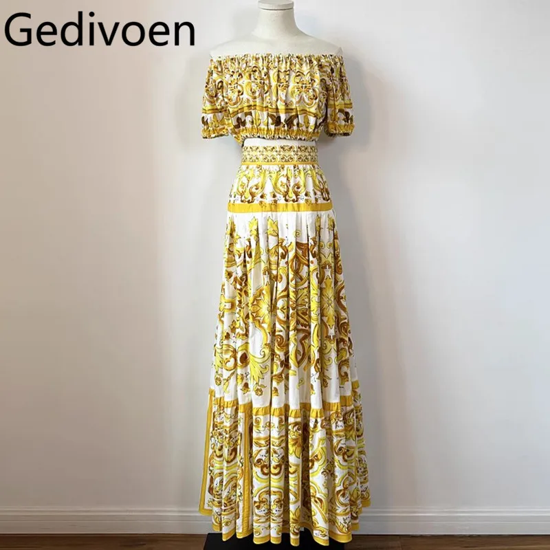 

Gedivoen Summer Women's Suit Slash Neck Short-Sleeved Tops+New Fashion Big Swing Pleated Skirt Baroque print Cotton 2 piece set