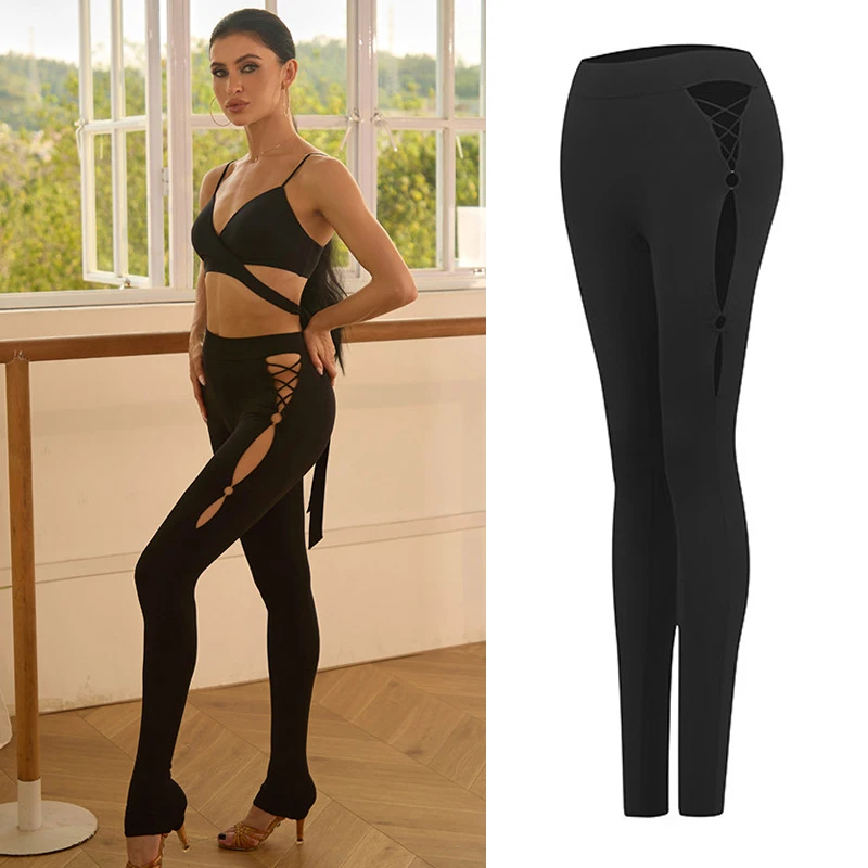 ZYM Women'S Hollow Latin Dance Leggings Black Latin Dance Practice Pants Adults Ballroom Dance Trousers Stage Yoga Pants SL15819