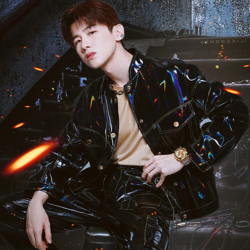 Lacquer Leather Glossy Stand Collar Leather Jacket Pants Set  Men\'s Dance Singer Stage Suit Explosive Street Fashion Costume