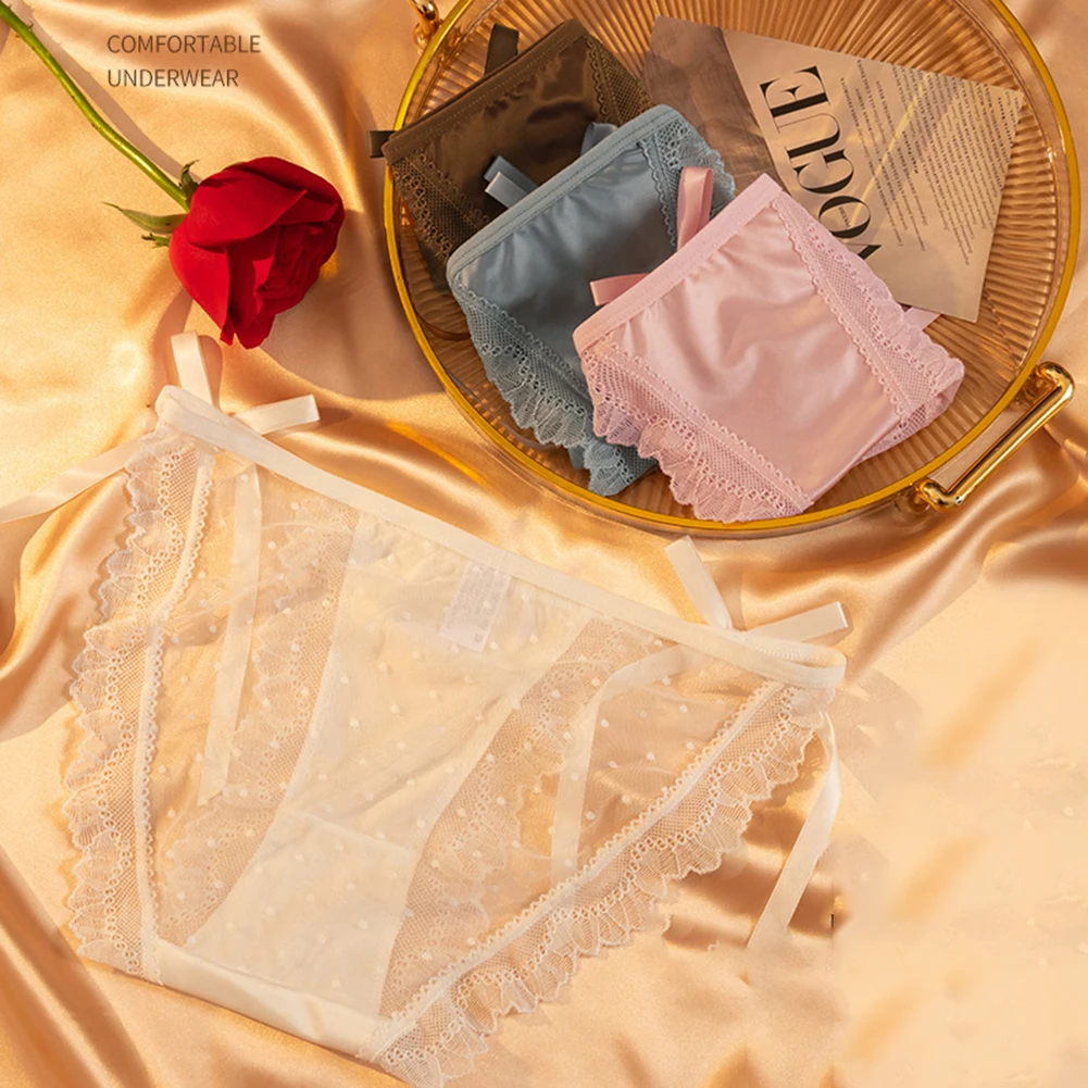 

Ice Silk And Satin Splicing Mesh Stretch Underwear Breathable Panties Quick Dry Triangle Briefs Pants For Women Lounge Lingerie