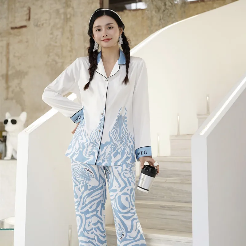2026 Spring Autumn Elegant Women Pajamas Ice Silk 2piece Set Zebra Print Fashion Long Sleeve Pants Loungewear Nightwear Homewear