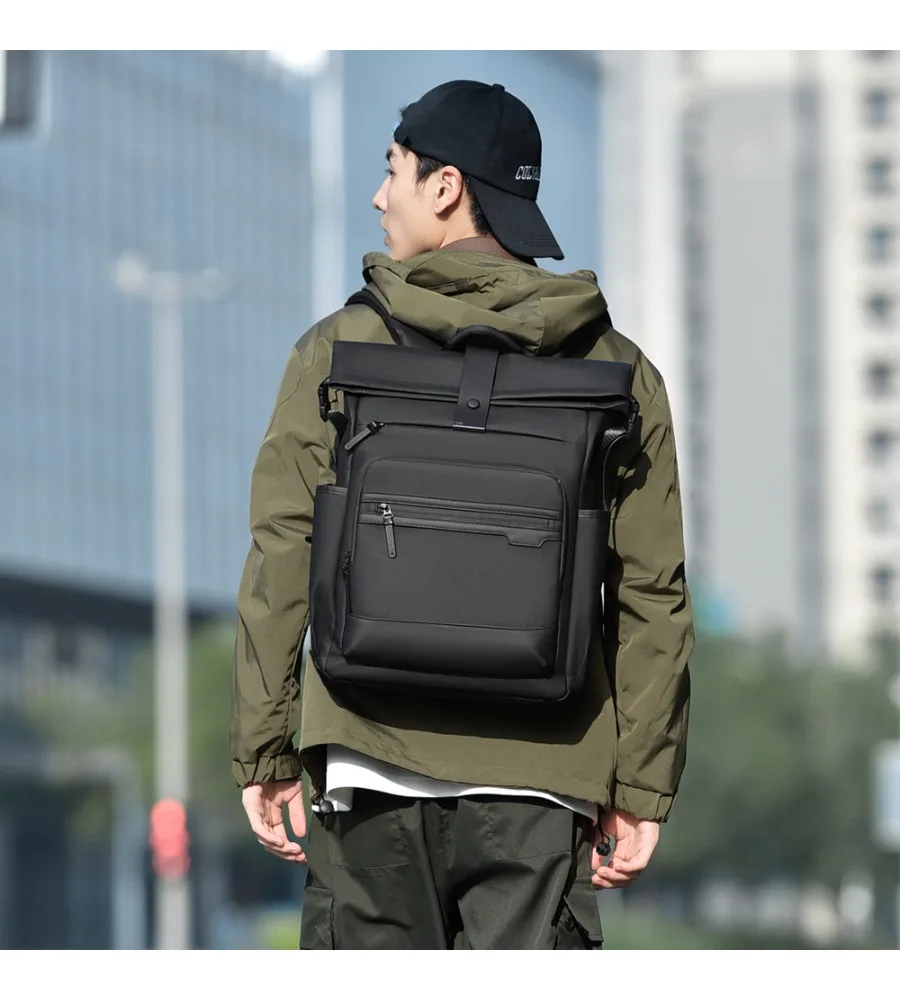 

Gray Roll Top Laptop Backpack 15.6 Inch Notebook Bag Oxford Cloth Water Resistant Business Rucksack For Men
