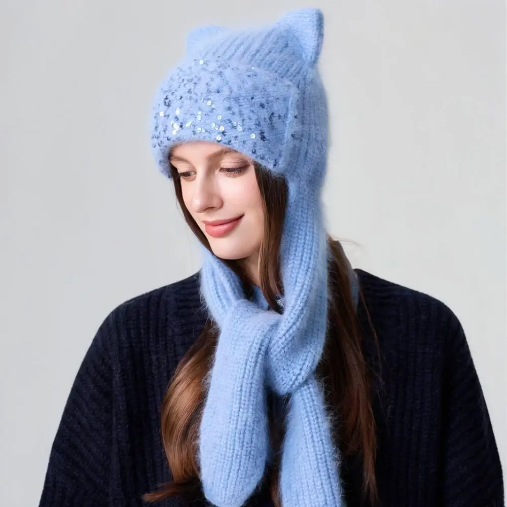 Women Winter Warm Hooded Hat Scarf Set Cute Cat Ear Knitted Beanie Pullover Fashion Soft Comfortable Daily Headwear