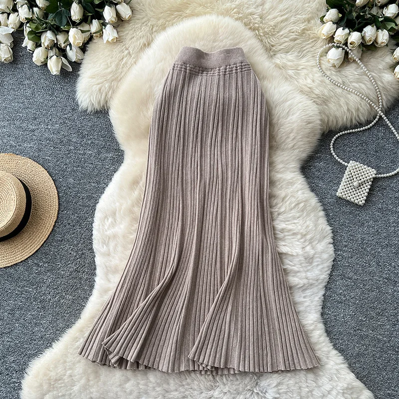 Women's Japan Style Skirts Knit Autumn Winter High Waist A-line Elastic Waist Slim-fitting Large-flare Casual Female Asian SK127