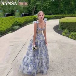 Sansa Blue And White Porcelain فساتين سهره فاخره 2023 Sweet Light Blue A-line فساتين السهرة Bow On Shoulder Prom Dresses