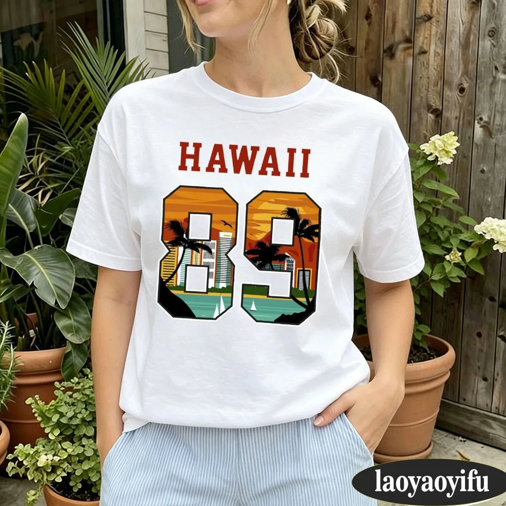 Hawaii 89 Vintage T Shirt Women Retro Palm Tree Sunset Print Tee Loose Tops Summer Vacation Beach Aesthetic T-shirts