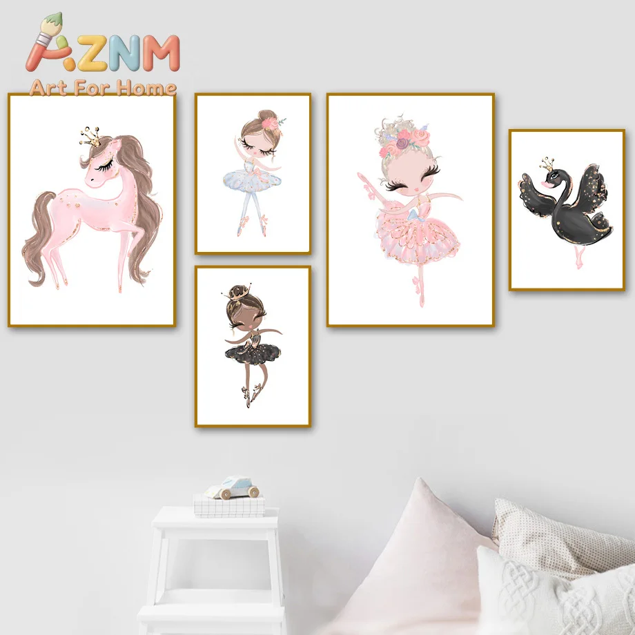 Cartoon Pink Unicorn Swan Girl Crown Flower Nordic Posters Print Canvas Painting Wall Art for Living Room Modern Home Decor