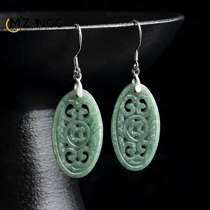 

S925 Silver Inlaid Natural A Goods Jadeite Earrings Hollow Carving Retro National Style Ladies Jewelry Holiday Gift