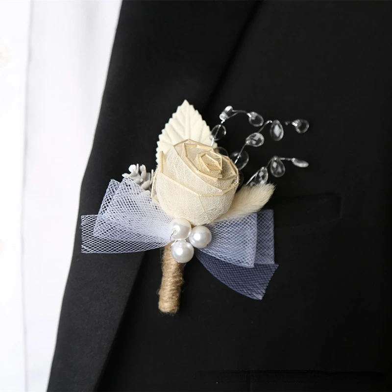 Champanhe artificial rosa flores boutonnieres pulso corsage padrinhos testemunha acessórios de casamento