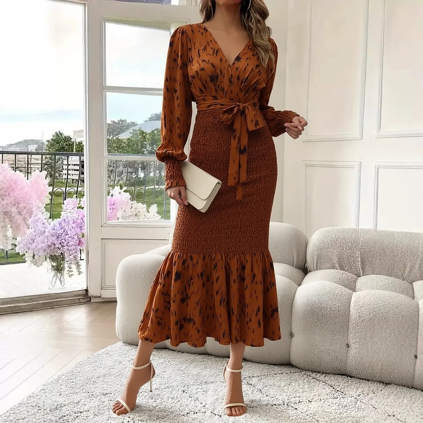 YuooMuoo Damenkleid 2026 Neue Frühjahrsmode Elegantes Wickelkleid mit Langen Ärmeln Figurbetontes Kleid Französisches Vintage Meerjungfrau-Partykleid