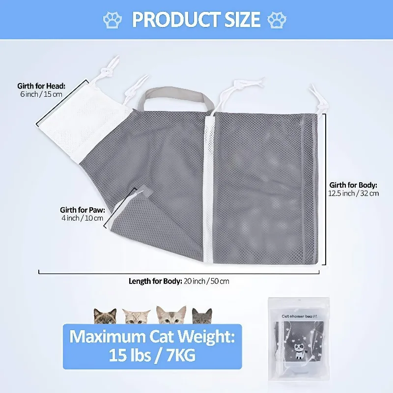 Without Battery Adjustable Cat Shower Bag, Breathable Mesh Bag for Cat Nail Trim Bath Ear Clean Injection Feeding