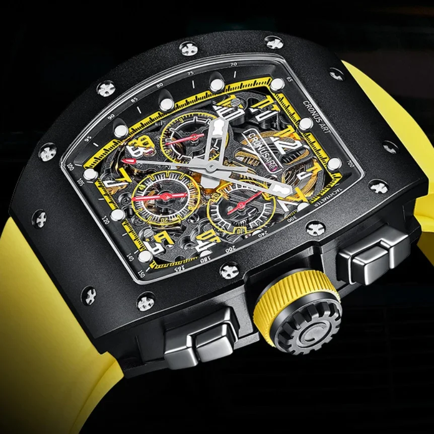 CRONUSART Men Chronograph Watch Tonneau Automatic Mechanical Wristwatch Sapphire Mirror FKM Strap Fluororubber Strap Luminous