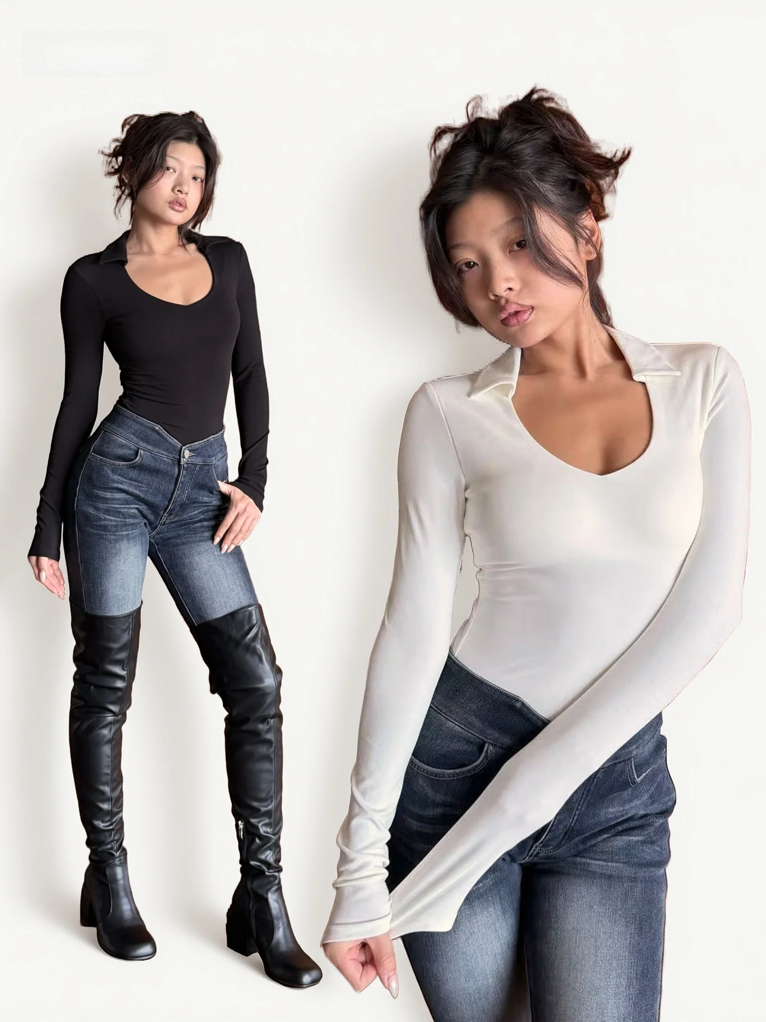 

Самонагревающаяся женская футболка с длинным рукавом и V-образным вырезом, со встроенными накладками на груди, из смесового хлопка и полиэстера, в стиле Spicy Girl