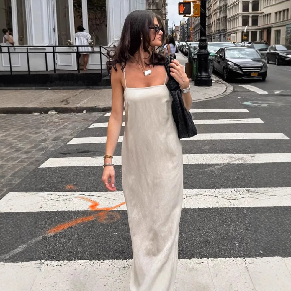 

2026 Spring and Summer Commuting Khaki Cotton and Linen Suspender Dress Women's Fashion Loose A-shaped Long Dress