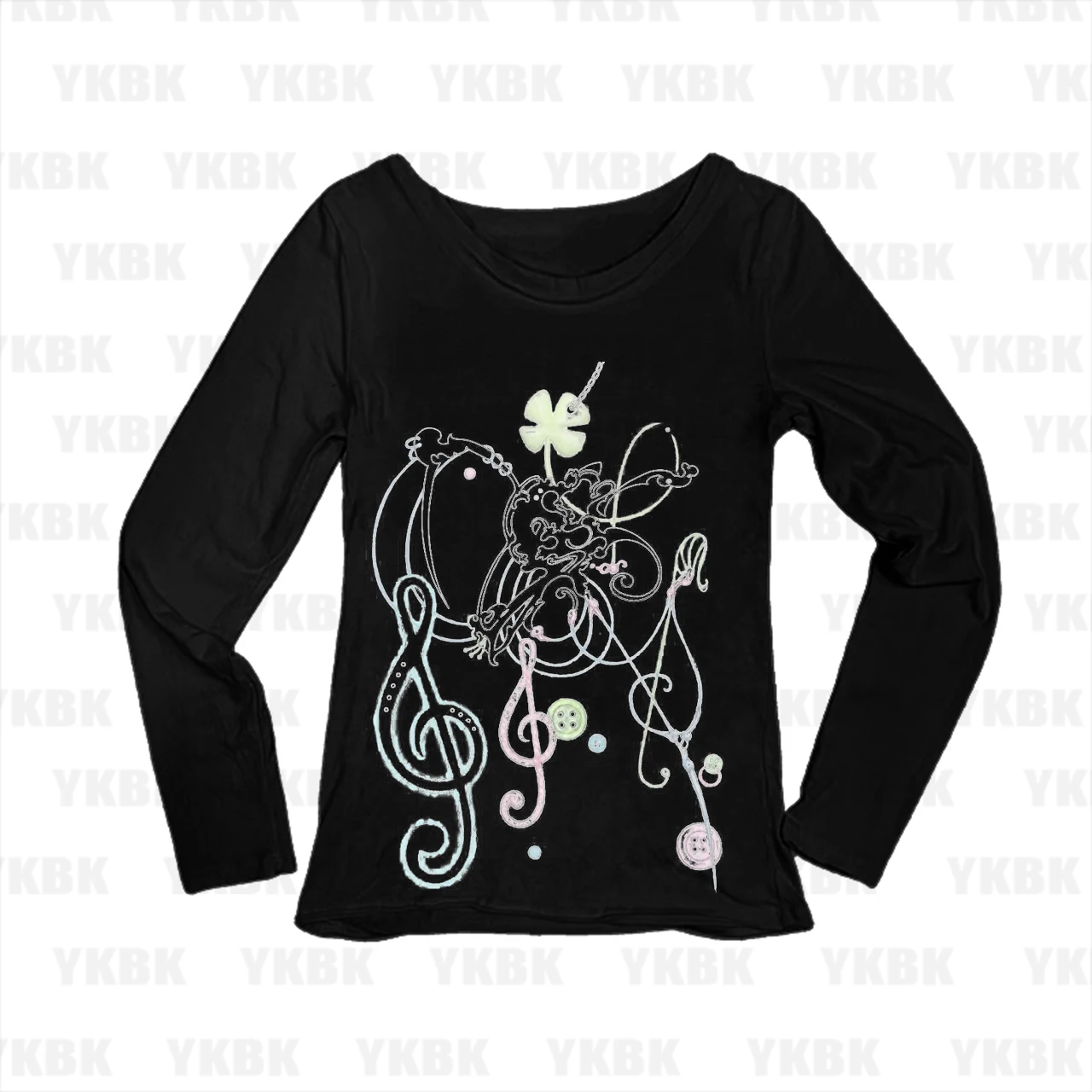 Fairy Grunge Women U Neck Long Sleeve T-shirt Musical Note Clover Print Black Slim Y2K Vintage Casual Top ****