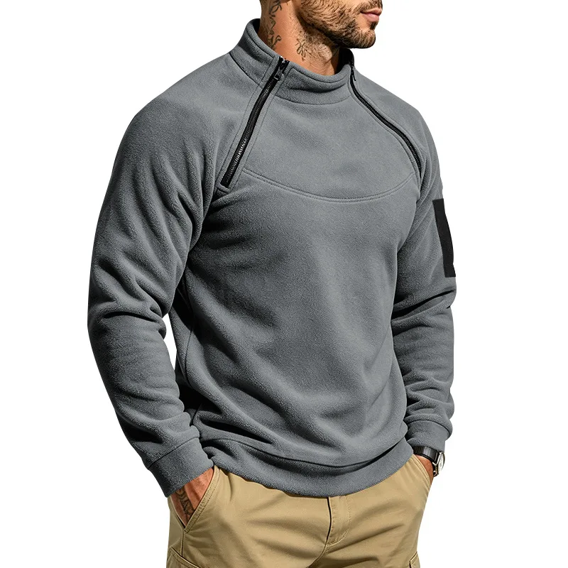 Herren Herbst-Winter-Sweatshirt aus dickem Fleece, Stehkragen, Doppelreißverschluss, lockere, warme Outdoor-Wanderjacke für den Alltag. – Detail 9