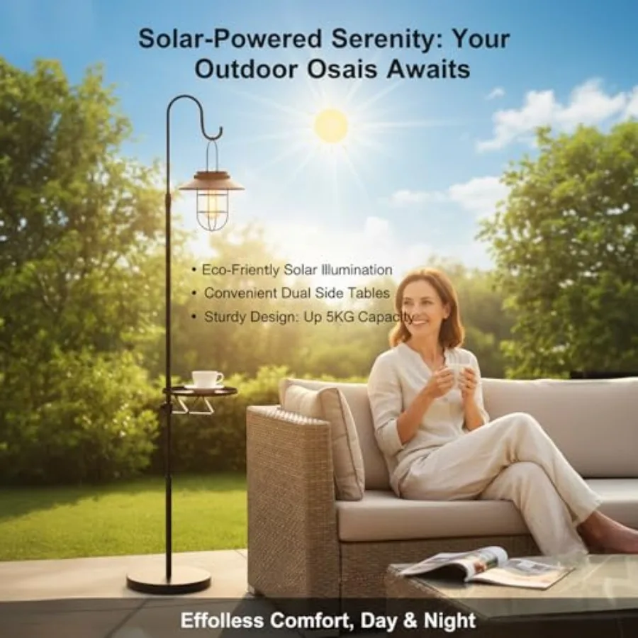 Solar Floor Lamp with Table, 60" Outdoor Shepherd Hook with Solar Light Waterproof Metal Side Table for Patio, Heavy Duty Solar view 4