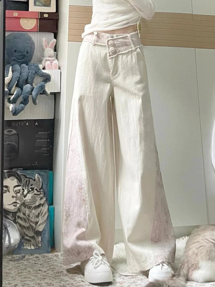 American Vintage Chic Spell Lace Low Waist Women Jeans Summer Fashion Contrast Color Simple Loose Straight Female Wide Leg Pants