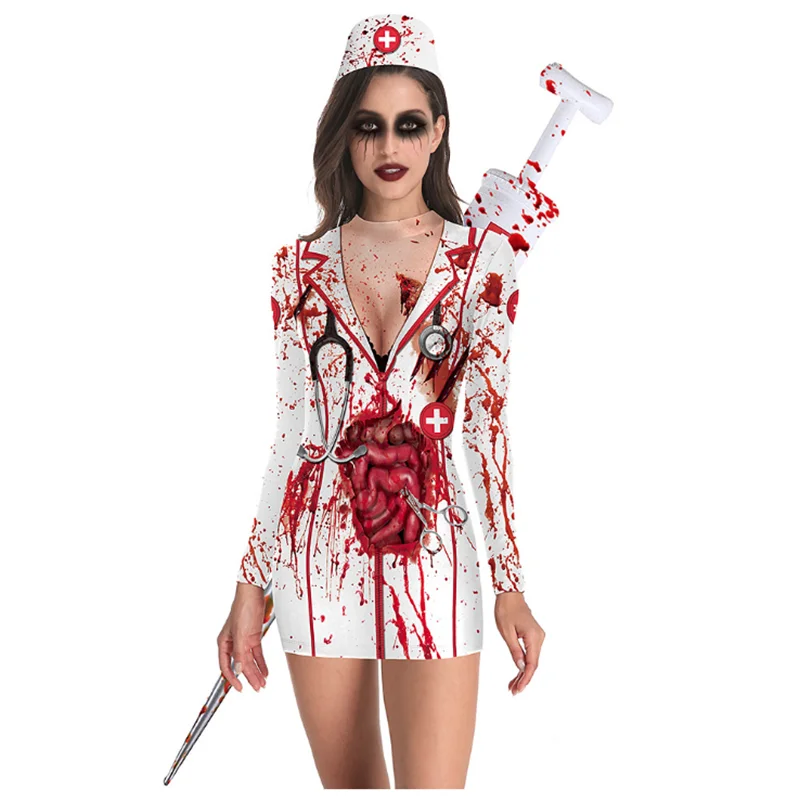

Ladies Halloween Party Horror Costumes Cosplay Bloody Nurse Zombie Dress Women Long Sleeve Pack Hip Dress