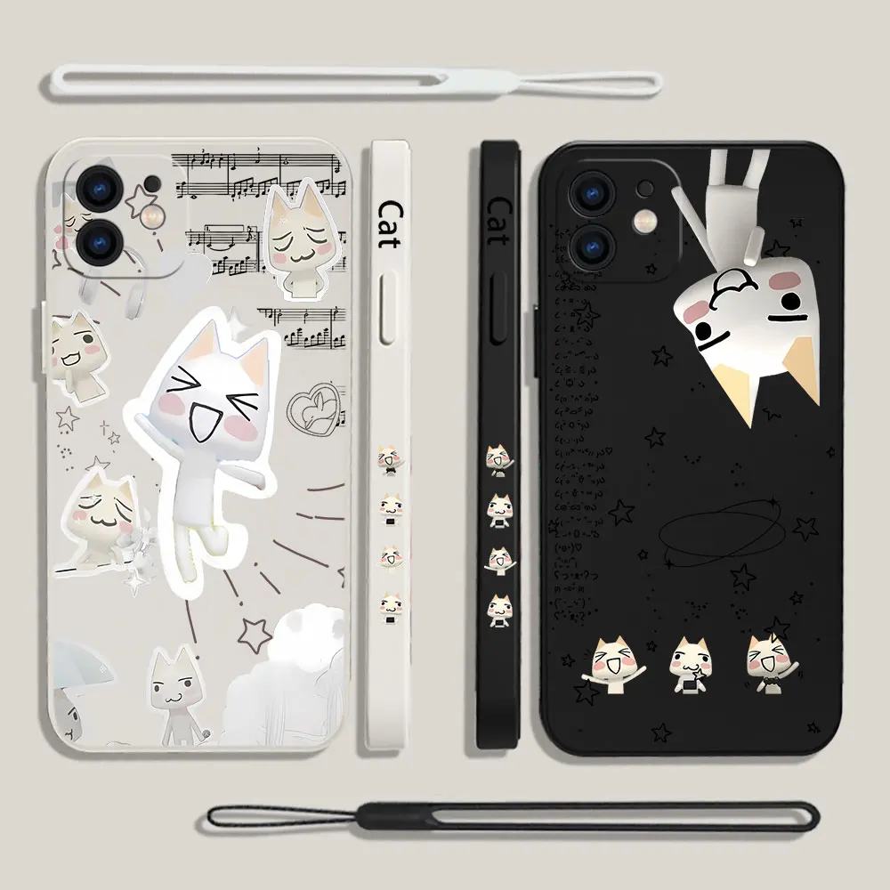 Cute Toro Inoue Cat Phone Case For iPhone 15 14 13 12 11 Pro Max Mini X XR XSMAX 8 7 6S Plus Soft Silicone Cover With Hand Strap