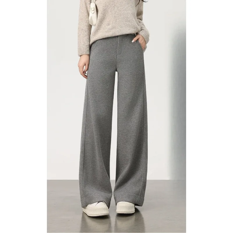 النساء الصوف بنطال ذو قصة أرجل واسعة الخيوط مرونة الخصر الكشمير بنطلون الخريف الشتاء 100% ميرينو الصوف محبوك لينة الشق تصميم السراويل #1