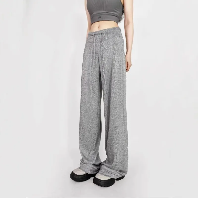 Spring New Women's American Sweatants Retro Solid Color Lazy Style Relaxation Wide Leg Pants High Waist Drawstring Floor Pants