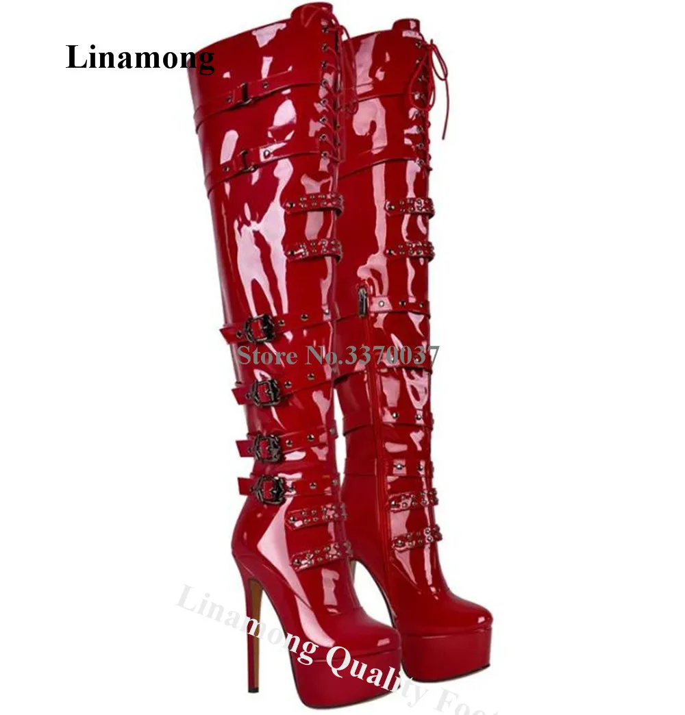 Linamong Newest Patent Leather Stiletto Heel Metail Rivets Over Knee Boots Round Toe Red Black Wine Red High Platform Long Boots