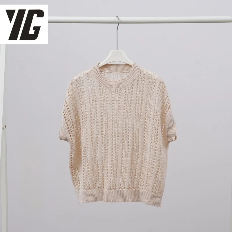 YG 2024 Fashion Trend Summer Women's Knitted Short sleeved Top with Hollow Design and Comfortable Round Neck