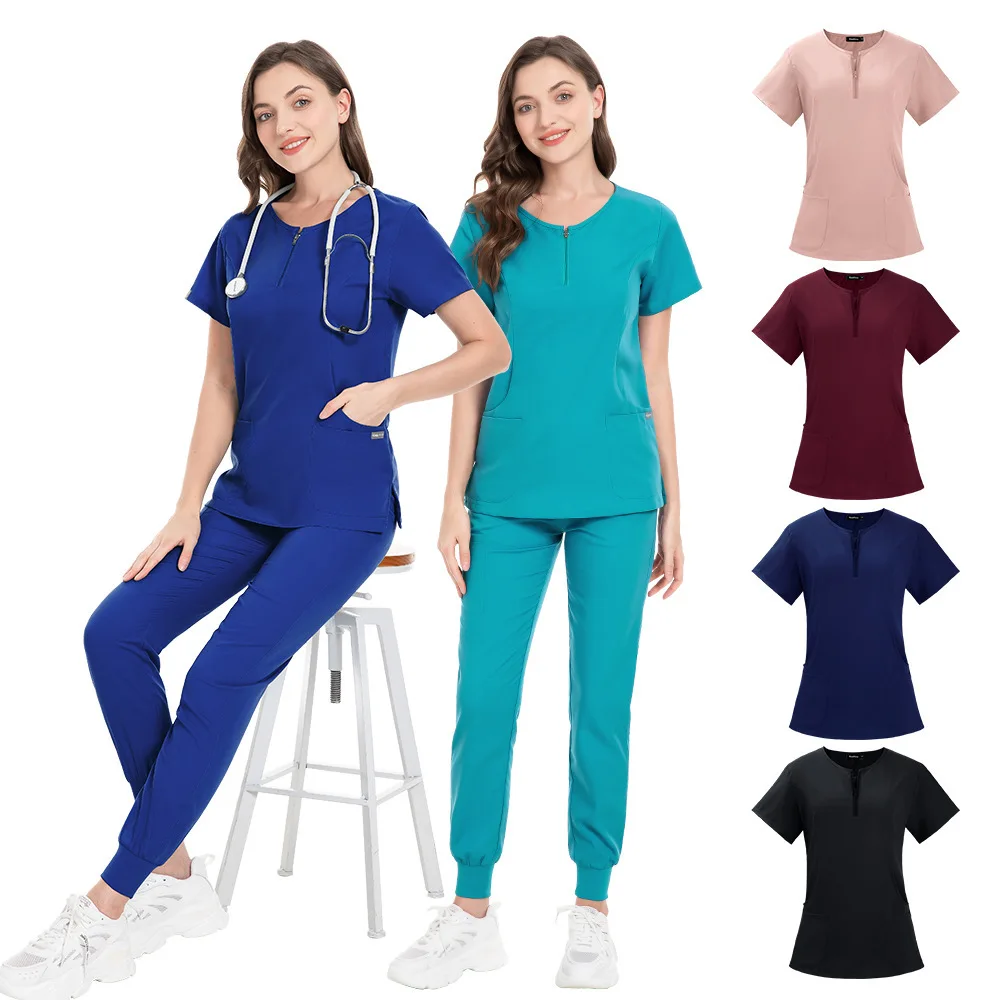 Homens e mulheres slim fit médicos uniformes, médicos enfermeiros roupas de trabalho, homens esfrega conjunto, tops e calças, clínica dental laboratório trabalho macacão