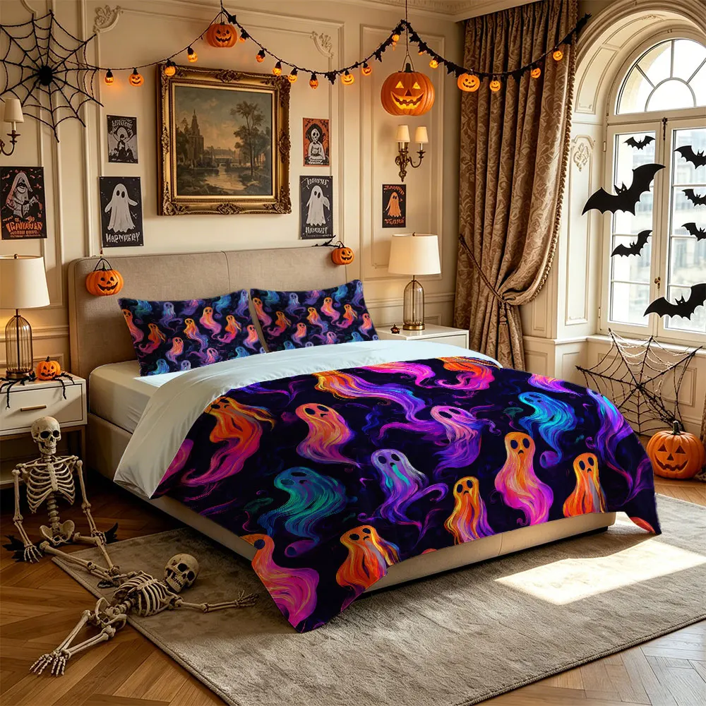 3PCS Colorful Ghost Print Bedding Set, 1 Duvet Cover + 2 Pillowcases, No Filling, Soft Comfortable Fabric, Machine Washable F