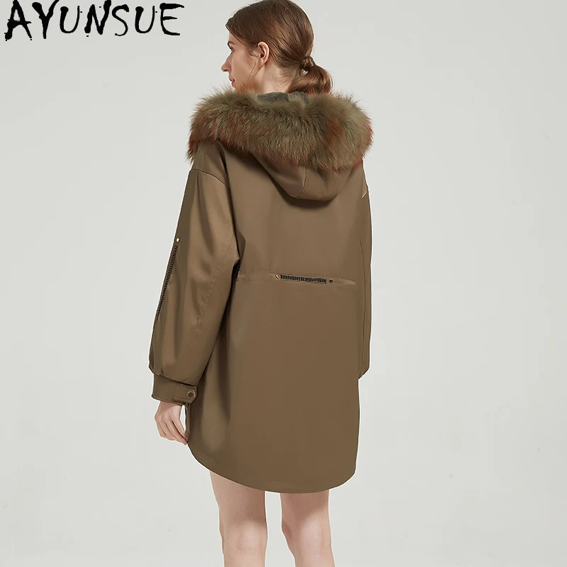 AYUNSUE Rex Rabbit Fur Coat Mid-long Real Fur Parka Women Winter Clothes Warm Raccoon Fur Collar New in Coats Пальто Женское