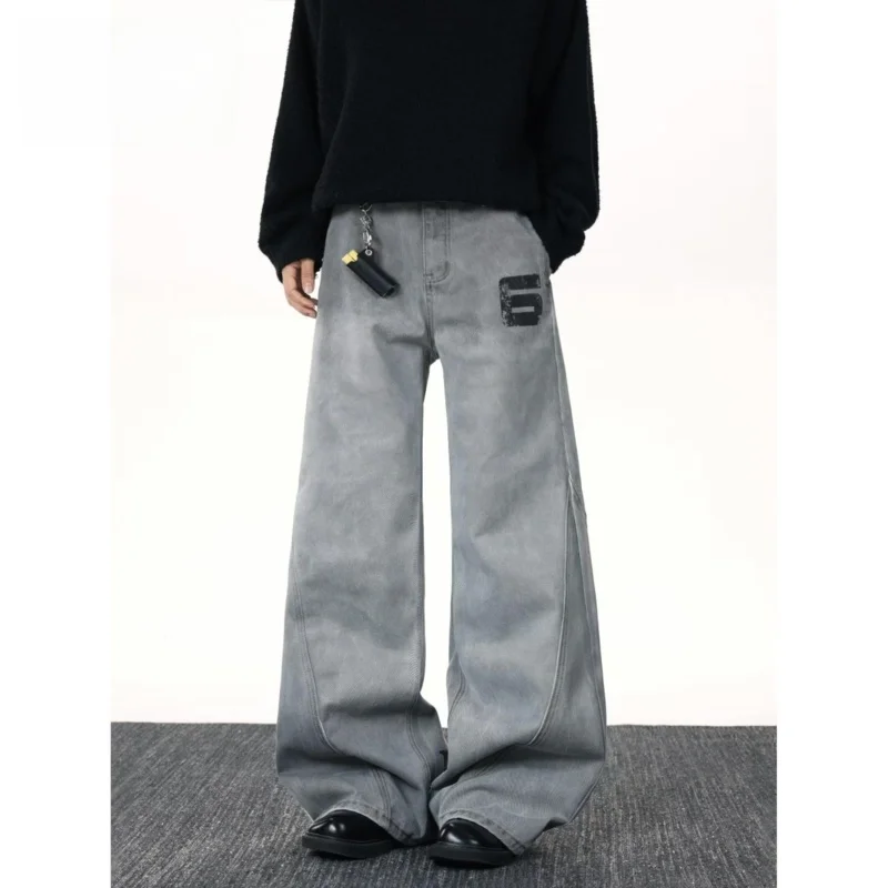 

Hong Kong Style Men's Jeans Letter Print High Street Personality Cotton Polyester Straight Leg Zipper Fly Casual Trousers