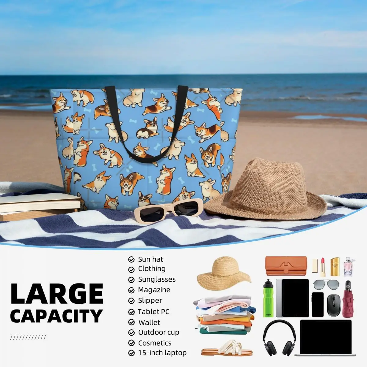 Jolly Corgis In borsa da viaggio da spiaggia blu, borsa a tracolla alla moda di grande capacità con motivo Multi-stile