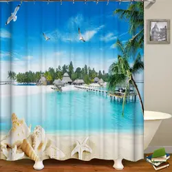 프레임 없는 해변 풍경 3D 프린팅 샤워 커튼 대형 사이즈 300x180cm 방수 폴리에스터 홈 데코 커튼