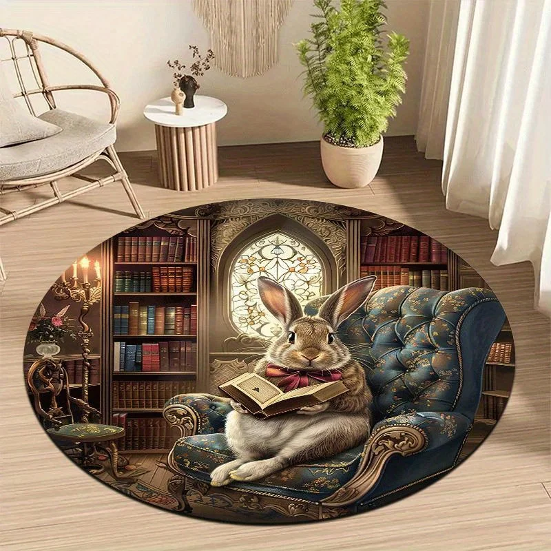 1pc Elegant Book‑Reading Rabbit Round Area Rug, Indoor & Outdoor Comfortable Floor Mat for Kitchen, Home, Office