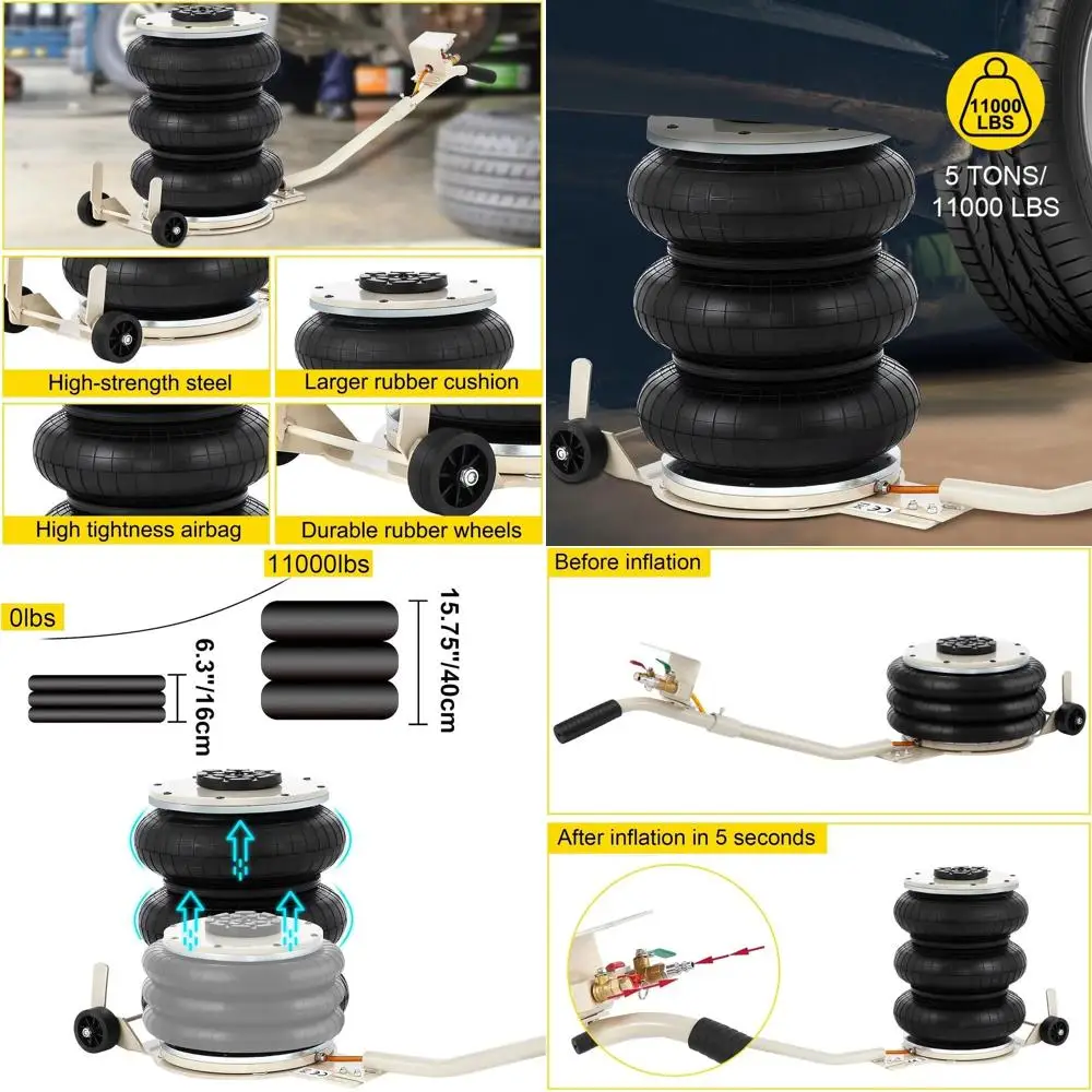 

Пневматический домкрат на 5 тонн с тремя мешками, подъем 6,3-15,75 дюймов, надувной автомобильный подъемник с длинной ручкой для гаражного ремонта