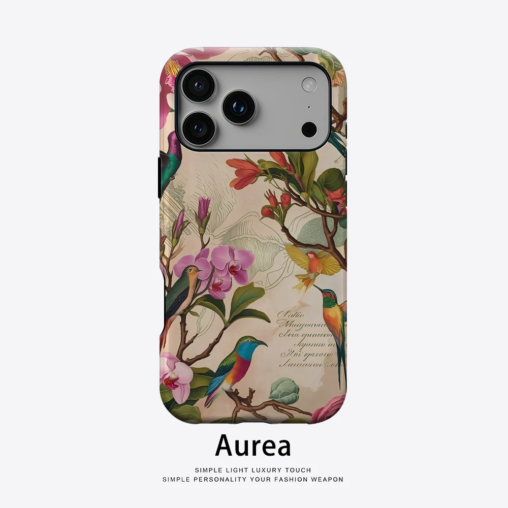 Vintage-Handyhülle mit Vogel- und Blumenmuster für magnetische Handyhülle für iPhone 17 16 15 14 13 Pro Max Plus, einzelne doppelschichtige robuste Hülle