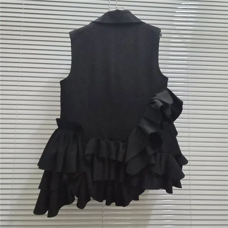 Spring New Women Black Short Suit Vest Fashion Ruffles Patchwork Notched Collar Single-Breasted Sleeveless Waistcoat Veste Femme