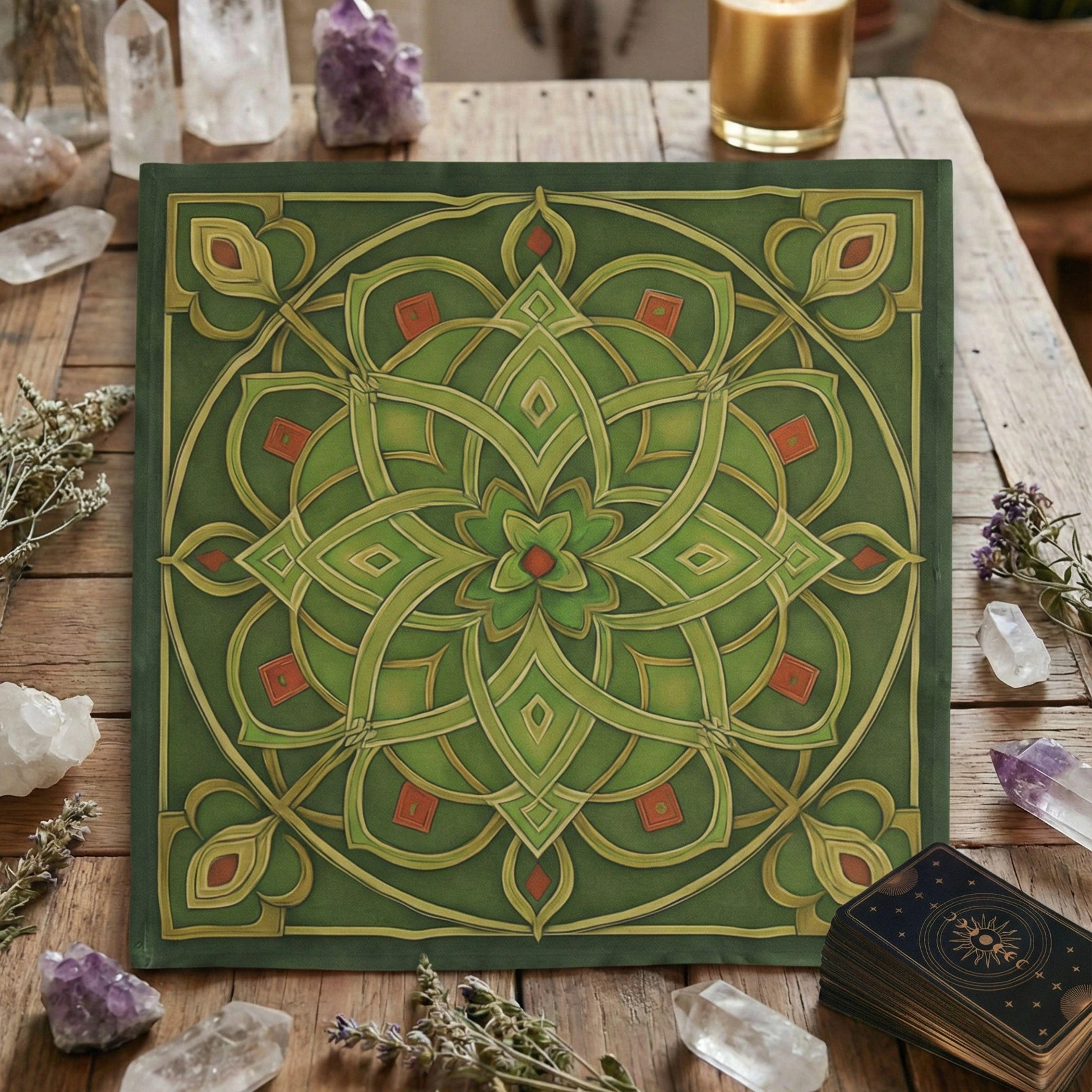 1 Stück Keltischer Knoten Mandala Altartuch, Grüne Blumen-Geometrische Tischdecke, Wicca Heidnische Ritualmatte, Tarot-Lese- & Hexen-Dekoration