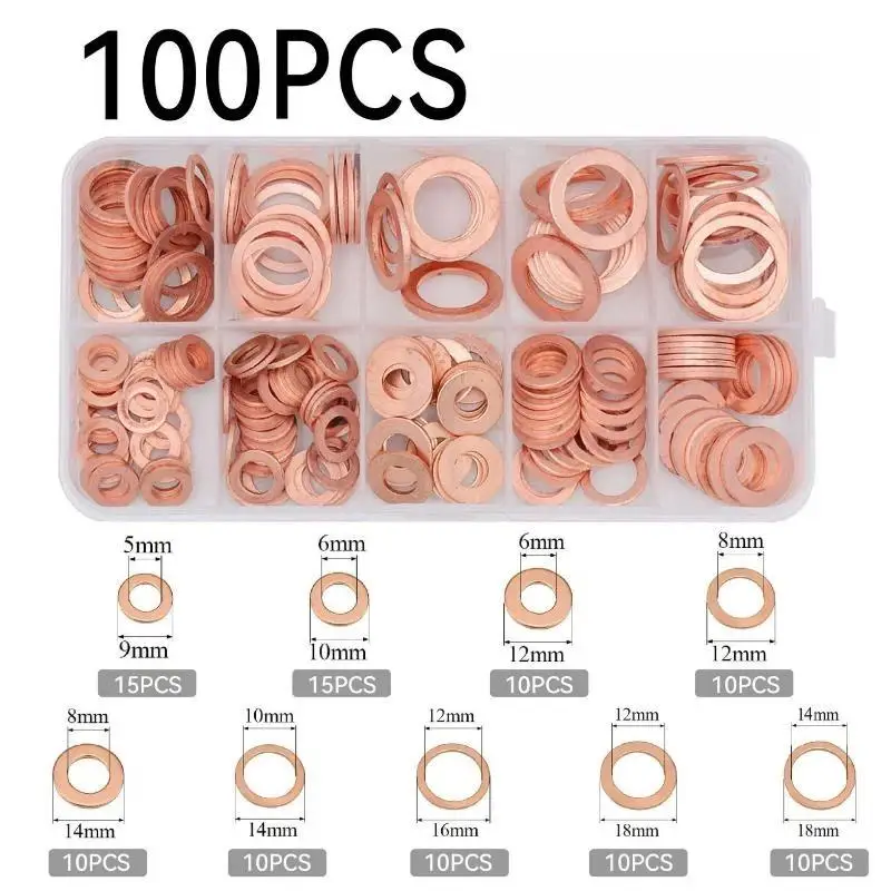 100Pcs M5-M14 Flat Seal Ring Set Copper Washer Gasket Assortment Kit With Box For Sump Plugs Oil Drain Bolts Automotive Repair