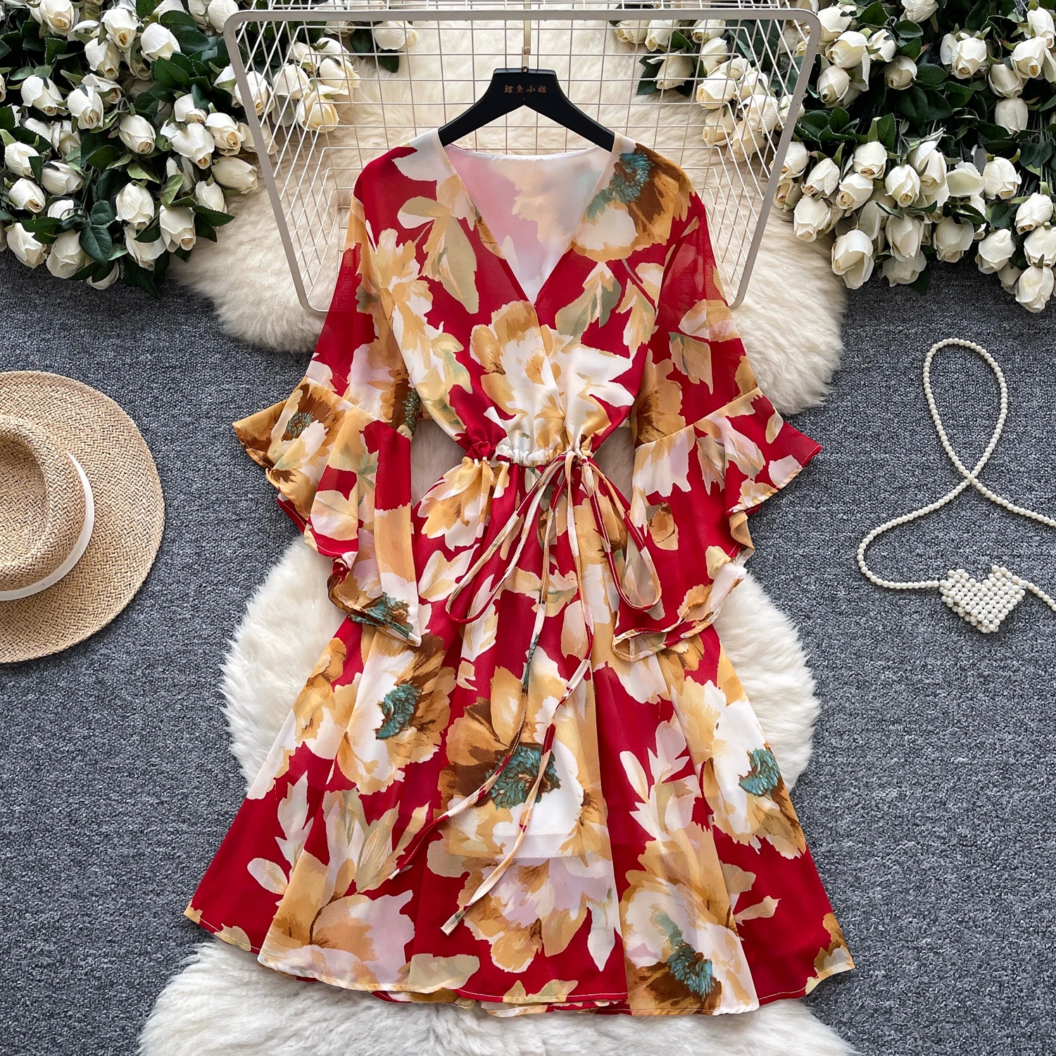 Elegancka, seksowna sukienka letnia w stylu vintage, z dekoltem w serek, szyfonowa, z nadrukiem, dopasowana, w stylu koreańskim, boho, odzież damska.