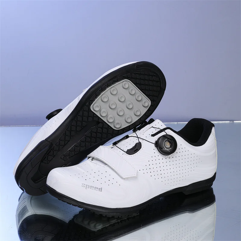 Breathable Non Cleat Mountain Bike Riding Shoes, Wave Pattern PU Upper Adjustable Rotary Buckle, Wear Resistant Rubber Outsole C