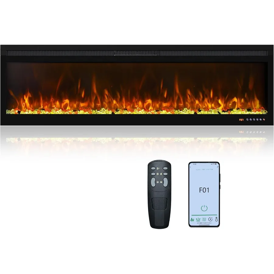 

60-дюймовые встраиваемые и настенные электрические каминные вставки с поддержкой Wi-Fi, таймером дистанционного управления и термостатом. Камин.