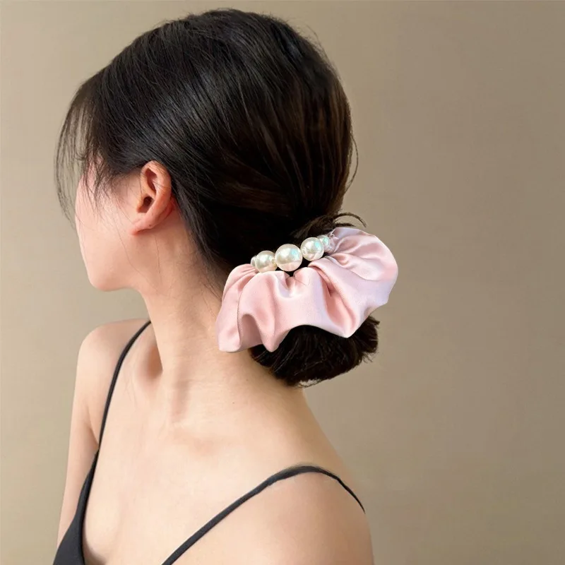 

1 шт., атласное кольцо для волос с кремовым синим синим и жемчужным краем, элегантная дорожная повязка для волос в стиле хань с низким хвостом для женщин